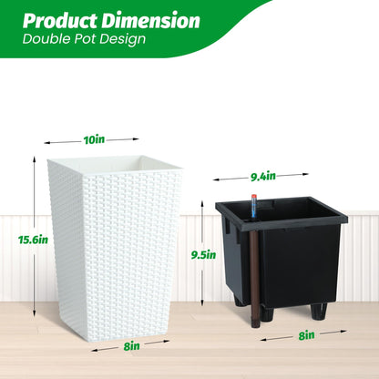 MilleLoom Set of 2 Tall 16-Inch Self-Watering Rattan Planters for Indoor & Outdoor – Large White Flower Pots with Drainage, Water Level Indicator & Trays, Modern Patio and Home Décor