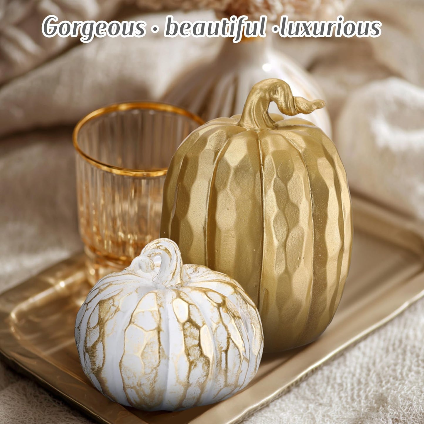 VioraWhite 3 Pack Fall Decor White and Gold Resin Figurine Thanksgiving Table Artificial Decorations for Autumn Harvest Indoor Home Farmhouse Kitchen(Pumpkin)