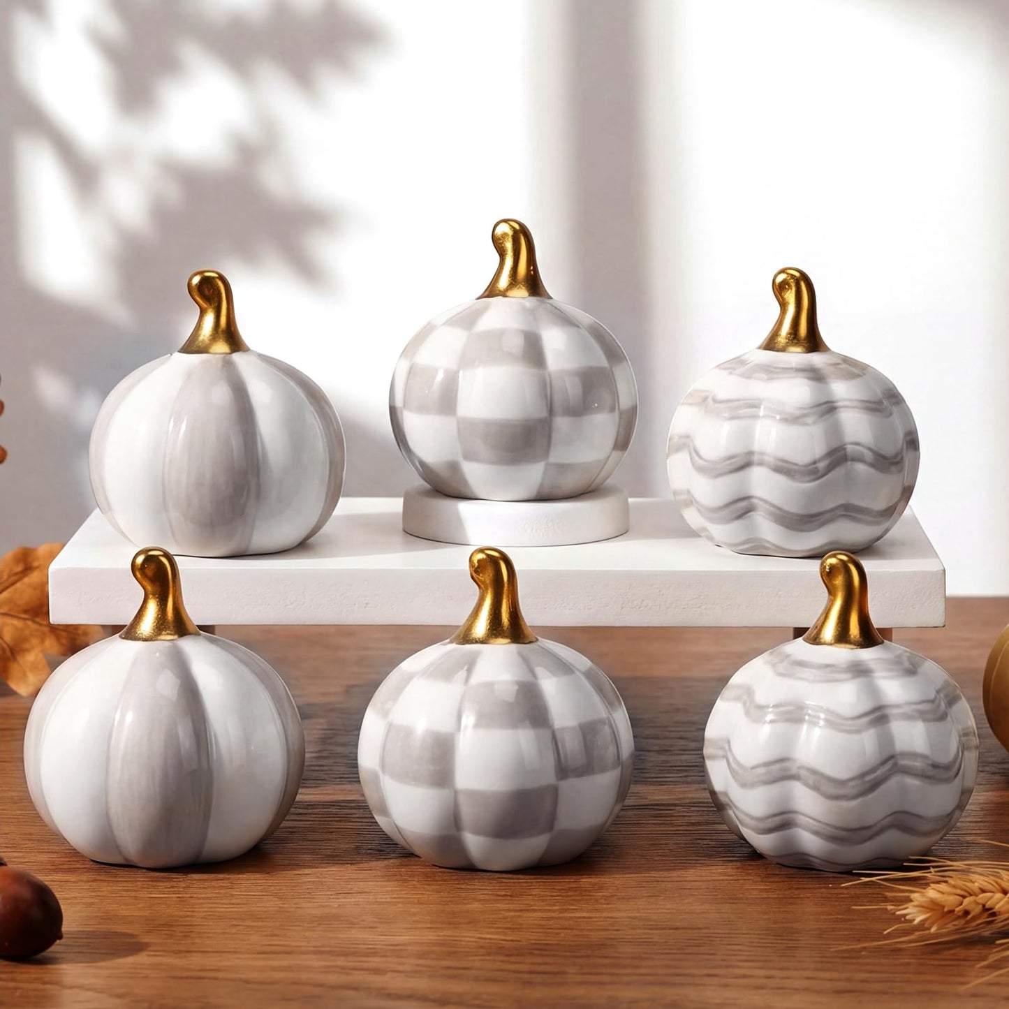 DoubleFill 6 Pcs Gray and White Check Ceramic Pumpkins Fall Farmhouse Table Centerpiece Porcelain Pumpkin Tiered Tray and Mantel Ornaments for Indoor Thanksgiving Autumn Decor