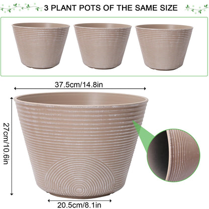 WEICHENGXING 15 inch Plant Pots, 3 Pack Large Round Planters for Outdoor Plants, Porch, Patio, Backyard, Plastic Flower Pots, Classic Garden Pot Container for House, Grey