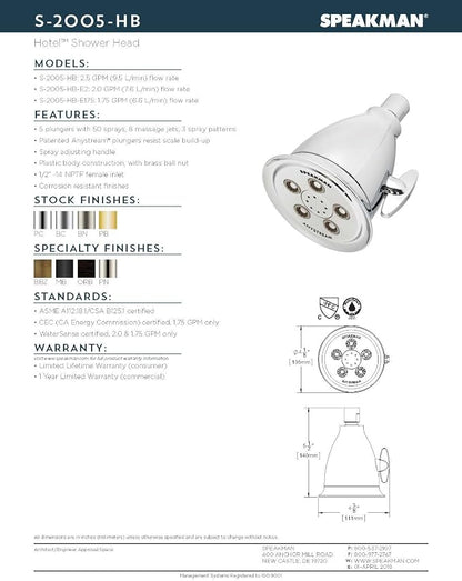 Speakman, Brushed Nickel S-2005-HB-BN Hotel Anystream High Pressure Shower Head-2.5 GPM Adjustable Replacement Bathroom Showerhead