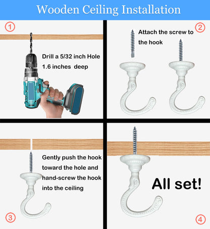 Evsteluo 4 Sets Heavy-Duty Ceiling Hooks with Complete Kit – Fit Wood, Cement & Drywall Ceilings for Hanging Plants (White)