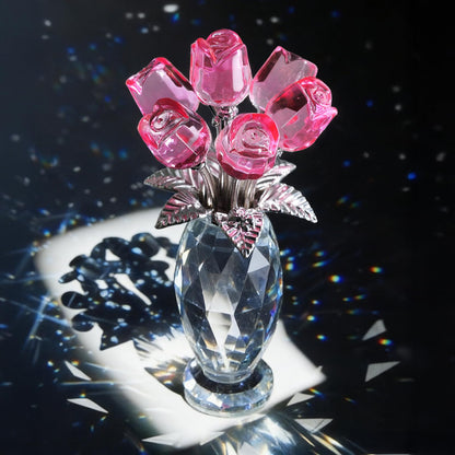 MysticGlitz Pink Crystal Rose Collectible Figurine with Faceted Vase - 5.7" Hand-Crafted Glass Flower Statue - Elegant Keepsake Ornament for Home Decor, Mother's Day, Anniversary, Wedding Gift