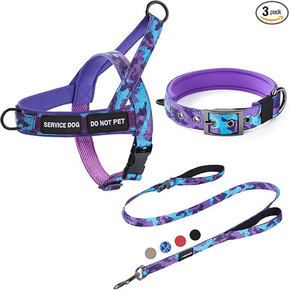 Annchwool No Pull Dog Harness,Heavy Duty Collar & Leash Set-Leash with Double Handle & Car Seatbelt Clip-Easy Control for Walking Training Medium Large Size Dogs(Camo Purple,XL)