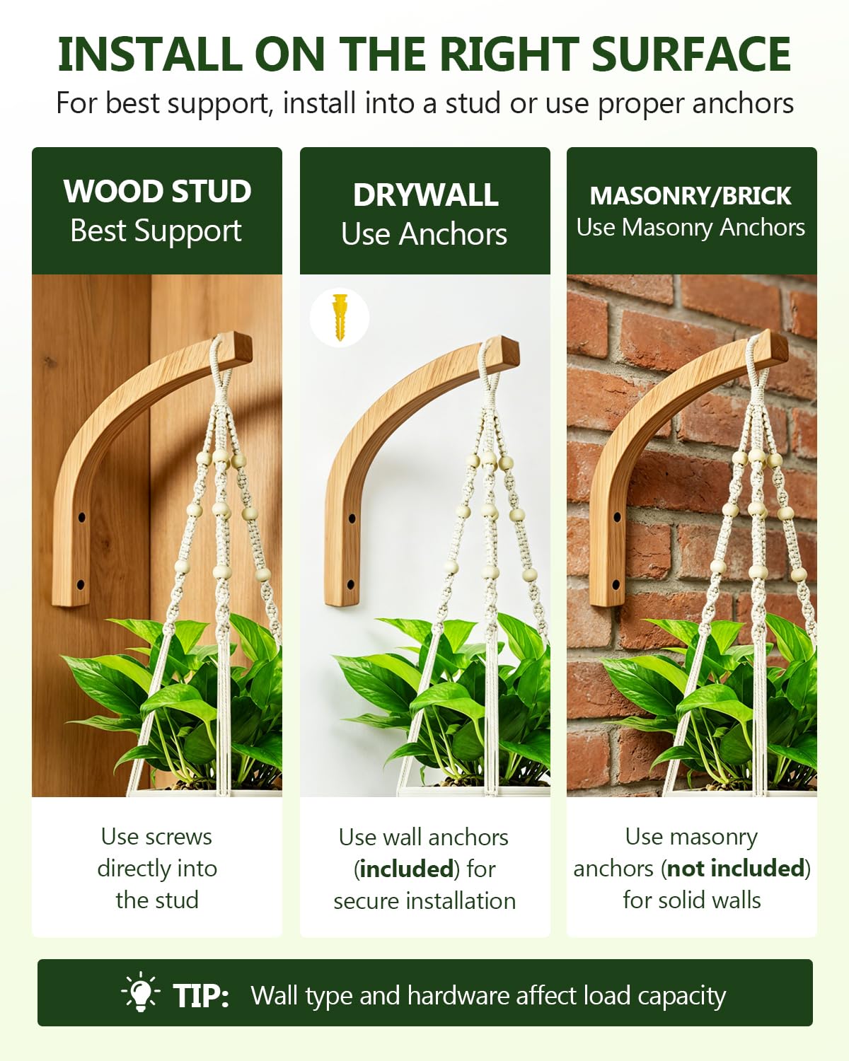 DSJIFGEW Wooden Plant Hangers - Hanging Plant Hooks for Indoor Outdoor, Wood Hanging Wall Plant Hooks Heavy Duty for Flower Pots Wind Chimes and Bird Feeders(2-Pack,8-Inch)