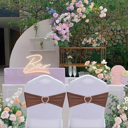Fbewom Brown Chair Sashes 60 Pack Spandex Brown Sashes for Chairs Universal Spandex Chair Sashes Bands with Heart Buckle Slider for Wedding Banquet Party Decorations