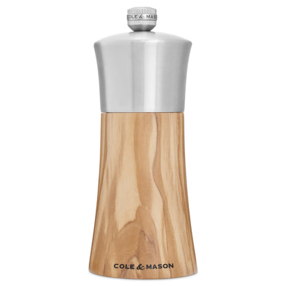 Cole & Mason Bromley Pepper Mill, 6" - Pepper Grinder with Ultra-Sharp Grinding Mechanism - Flavor-Enhancing Pepper Shaker - Refillable Mill with Adjustable Grinding - Olive Wood, Pepper Mill