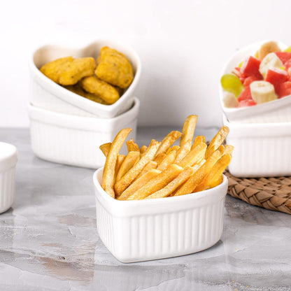 DELLING Heart Shaped Ramekins 6 Oz Oven Safe Set of 6, Porcelain Creme Brulee Dishes - Small Baking Bowls for Souffle Dessert Snack Quiche, Valentines Day Gift, White