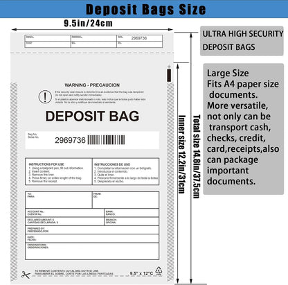 Plastic Deposit Bags 200 Pack Opaque 9.5''x 15'', Opaque Security Bank Deposits Bag,Cash register bags,Money bag for Cash,Bank Pocket,Tamper-Evident Bags,Unique Barcode
