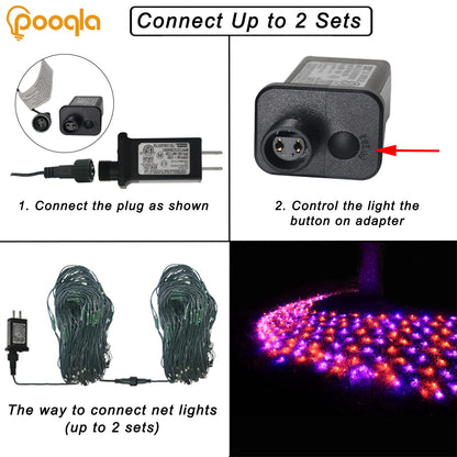 Pooqla 360 LED Halloween Net Lights Outdoor, 21 ft x 5 ft Connectable Mesh String Lights 8 Modes Waterproof Plug in for Halloween Decoration Bushes Yard Garden Party, Orange and Purple