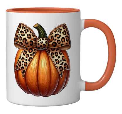 Halloween Pumpkin Coquette Cheetah Bow Print Women Ceramic Mug, Orange/White