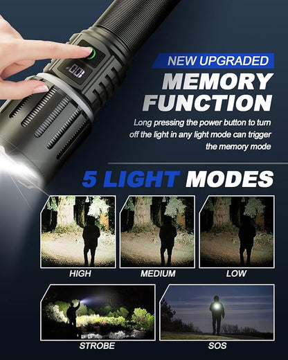 Victoper Rechargeable Flashlight, Titanium 5 Modes Zoomable Flash Light, Bright Real 1500 High Lumens Flashlights, LED Power Display Tactical Flash Lights Holster for Camping Hunting Essential Men