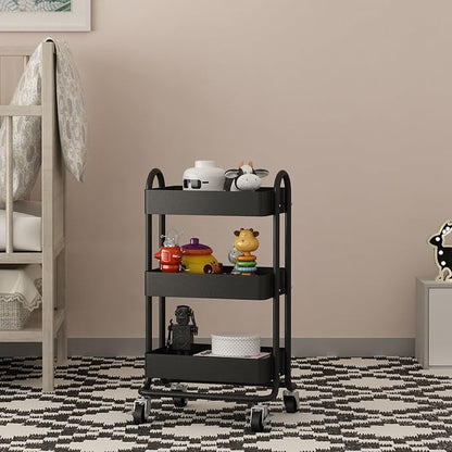 Metal Rolling Cart,3-Tier Metal Rolling Cart with Wheels,3 Tier Utility Cart with Wheels for Office,Home,Kitchen,Garden（13.4"x18.1"x31"） Black