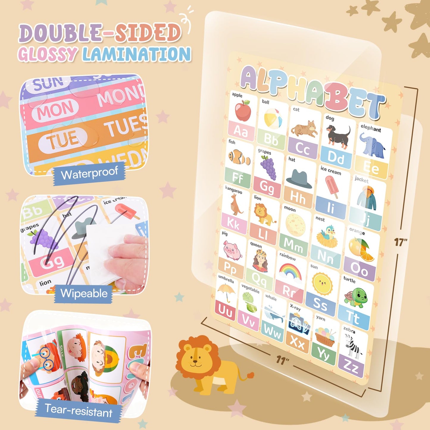 Gorsbark 18 Educational Posters for Toddlers 1-3, Laminated Learning Posters with Alphabet & Numbers Chart, Boho Classroom Kindergarten Preschool Decor, 11"x17"