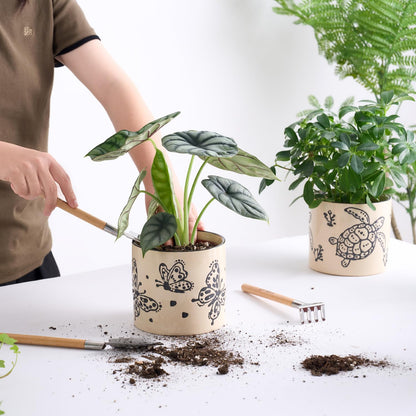 5 Inch Ceramic Plant Pots with Drainage Holes, Small Round Flower Pots for Indoor Plant, Unique Animal Flower Planters (Sea Turtle)