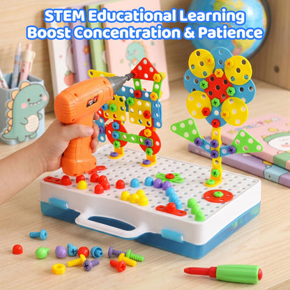 224 PCS STEM Building Toys for Kids Ages 4-8, Creative Mosaic Drill Set with Electric Drill & Screwdriver, 2D/3D Building Blocks Kit, Educational Birthday Gift for 5 6 7 8 9 10 Year Old Boys Girls