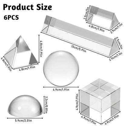 6 Pack K9 Optical Crystal Photography Prism Set Include 50mm and 150mm Clear Triangular Prism 50mm Lens Ball, Cube,Optical Pyramid and 60mm Dome Magnifying for Photography Effects Physics Optics