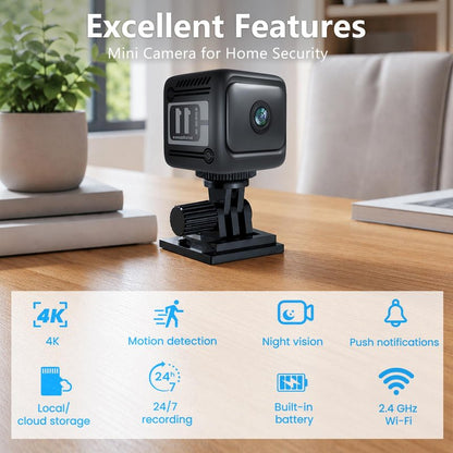 MDZUI Spy Camera Hidden Camera, 4K Mini Cameras with Motion Detection, for Nanny Cam Wireless Surveillance for Indoor Home and Office Black