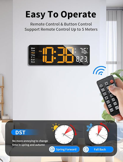 MASHI Digital Wall Clock, 16" Large Display Digital Clock with Remote Control, Auto-Dimming Wall Clock with Night Light, DST, Date Week,Temp for Living Room, Bedroom, Decor, Gift for Elderly