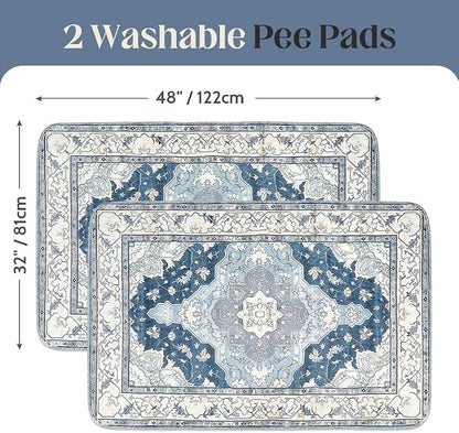 Washable Pee Pads for Dogs, 2 Pack Reusable Puppy Training Pads 48"x32" Super Absorbent Waterproof Dog Training Pads, Non-Slip Potty Pads, Whelping Pads Litter Mat Navy & Ecru