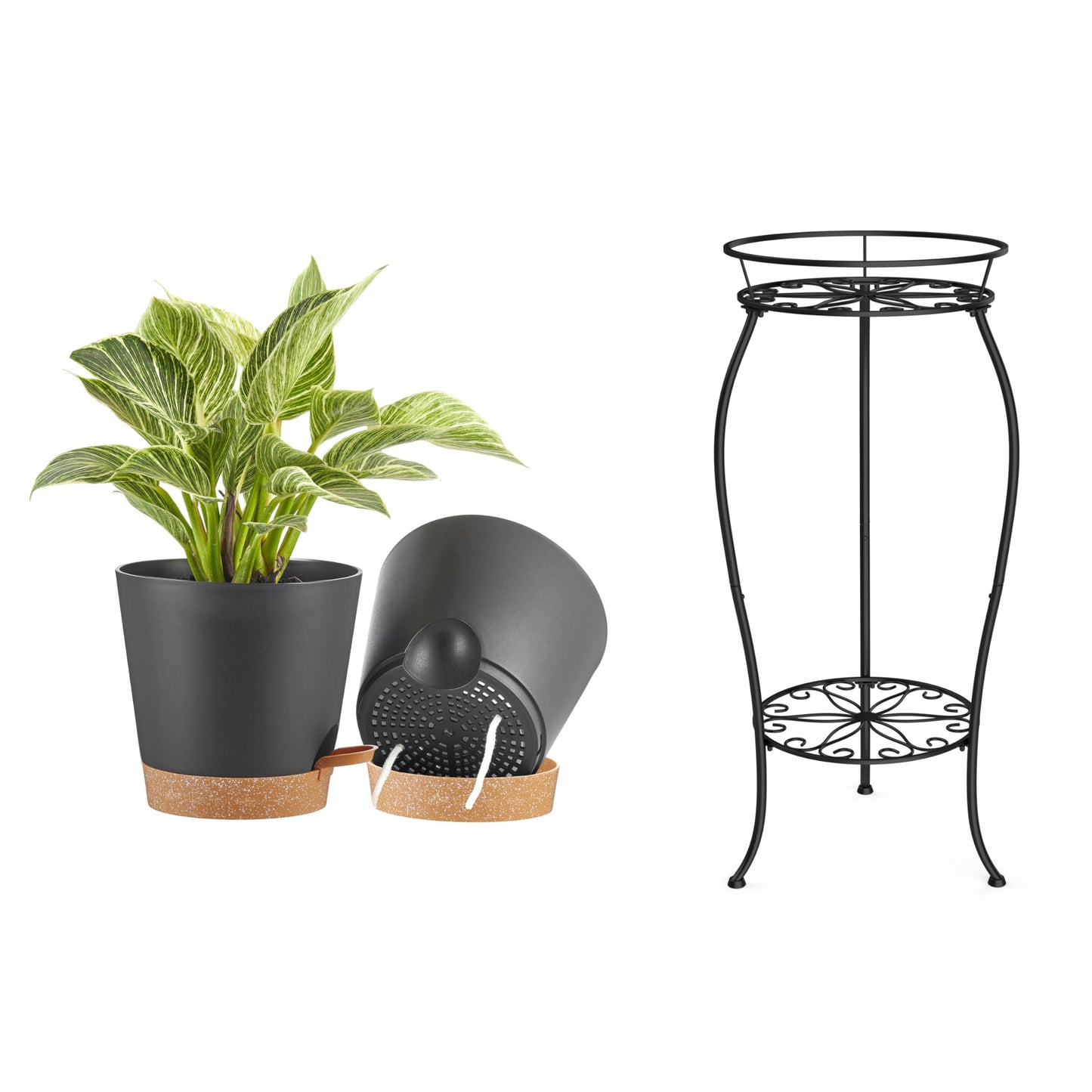 FaithLand 2 Tier Plant Stand and 2-Pack 9 Inch Self Watering Pots Bundle