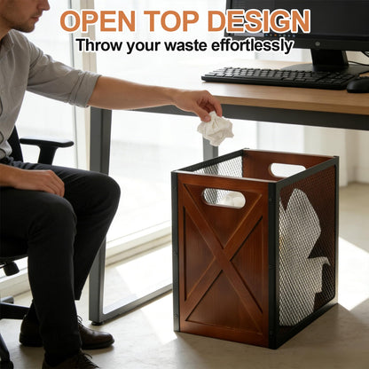Rustic Office Trash Can - Rectangular Waste Basket with Iron Mesh, 4.5 Gallon Wooden Garbage Can, Bathroom Garbage Bin with Handles, Decorative Trash Can for Home Office Bedroom