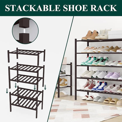 Smiry Long Bamboo Shoe Rack, 3 Tier Free Standing Wooden Shoe Organizer, Stackable Wood Shoe Storage Shelf for Closet, Entryway, 12 Vertical Slats, 2+1 Stack Standard Legs, 33.7"x11"x19.5", Brown
