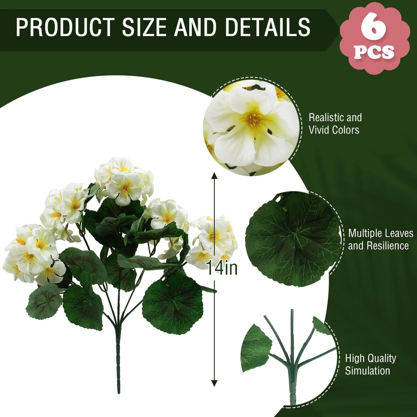 Hananona 6 Pcs Artificial Geranium Flowers for Outdoors Geranium Silk Flowers Outdoor UV Resistant Garden Plants Faux Flowers for Home Kitchen Table Centerpieces Decor (6, Snow White)