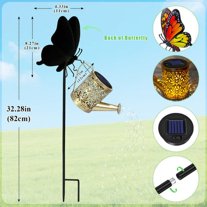 yeuago Solar Lights Outdoor Decorative, Watering Can with Cascading LED Lights on Butterfly Shepherd's Hook, Solar Garden Stake Decor for Yard, Mothers Day Gift for Women Mom