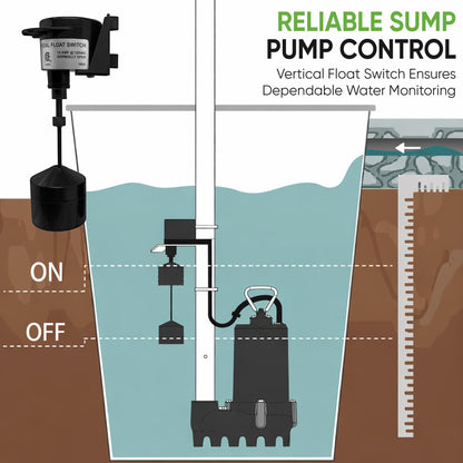 PumpSpy Vertical Float Switch for Sump Pumps – Universal Pump Switch Replacement with 10 ft Cord, Water Level Control