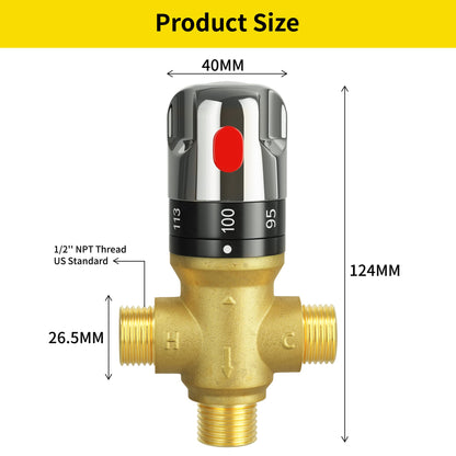 FUGO Thermostatic Mixing Valve, 1/2 NPT Solid Brass Temperature Control Valve