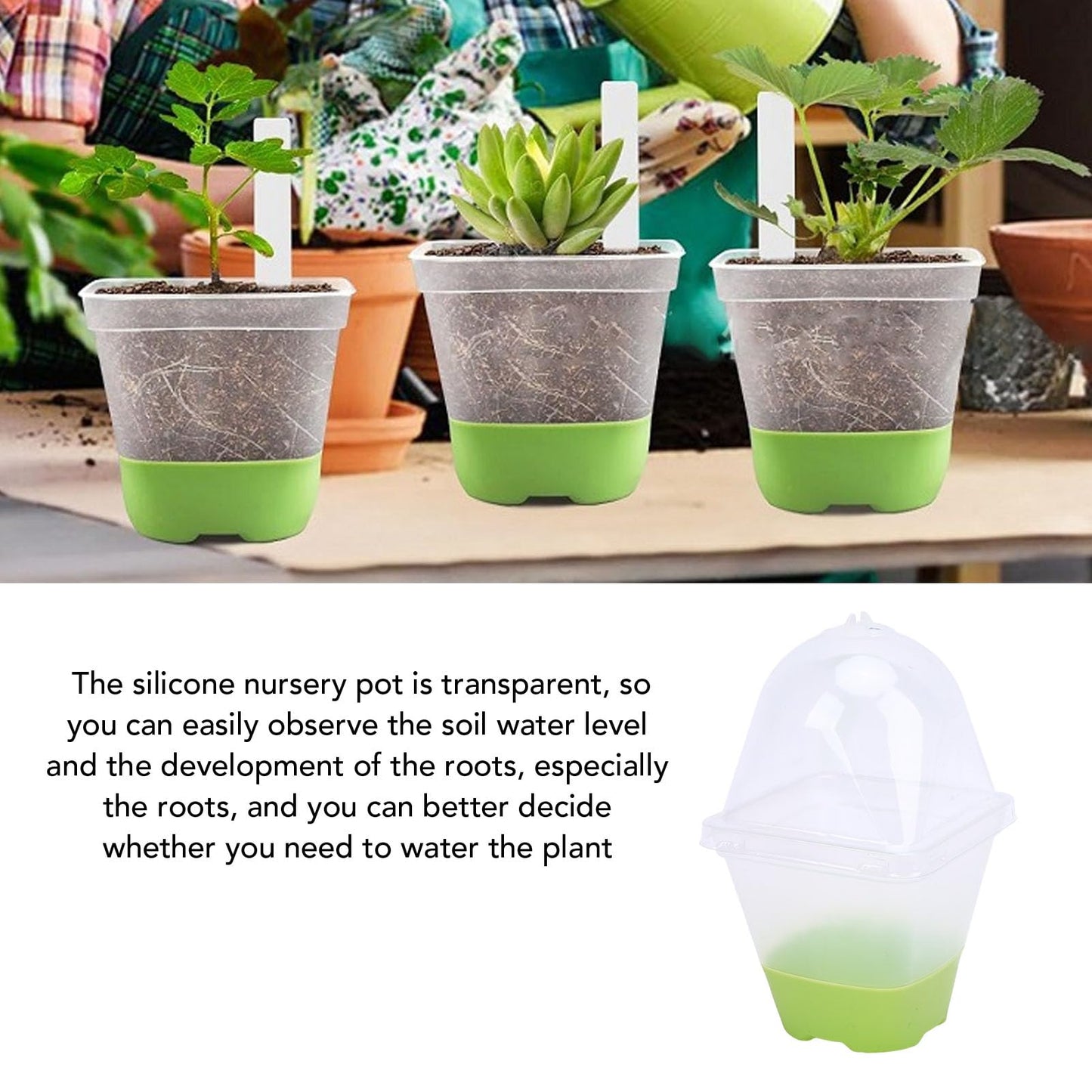 Yosoo Health Gear Nursery Pots with Drainage Holes 6 Sets Transparent Plastic Garden Pots Planter with Slipproof Silicone Base Lids, 3in Square Clear Plant Pot Reusable for Plants Starting