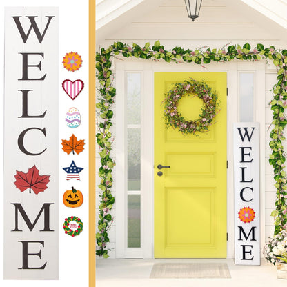 Extra Large 5FT Premium Wooden Interchangeable Welcome Sign for Front Door Porch Sign - 5 ft (58 x 11 Inch) 8 Magnetic Seasonal Tiles, Fall Porch Signs, Holidays and Seasons, Weather Resistance Standing welcome sign Outdoor and Indoor (White)