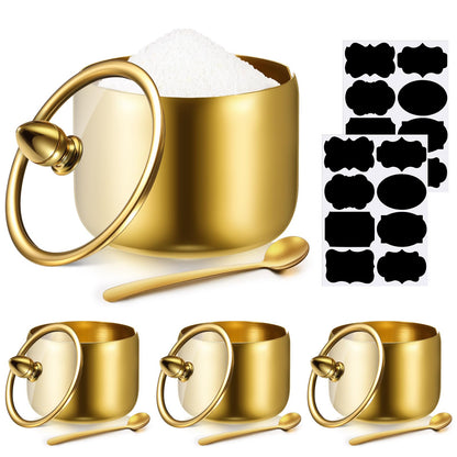 Baderke 4 Pcs 9.8 oz Stainless Steel Sugar Bowl Sugar Container Condiment Dispenser with Lid and Spoon with Tag for Spice Coffee Tea Pepper Herbs(Gold)