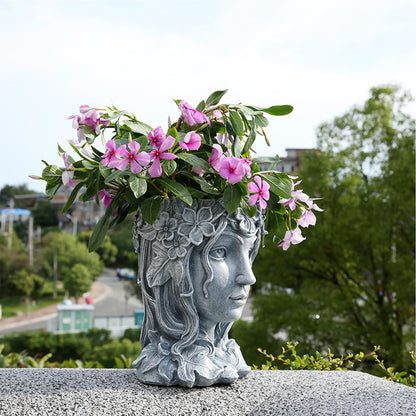 Romehaha Face Flower Pot Head Planter with Drainage Hole,Cute Resin Goddess Face Planters Pots Opend Eyes (Goddess Gray(Large))