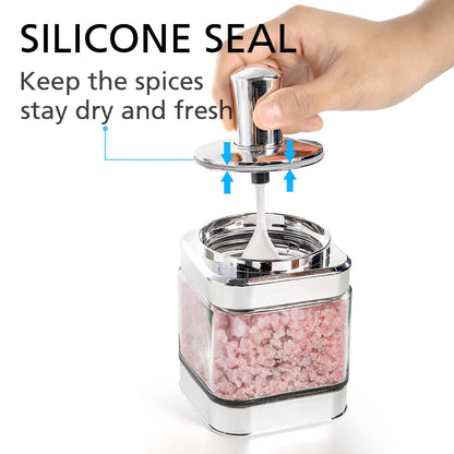 Mezchi 2 Pack Glass Condiment Pot, 12 Ounce Spice Jars with Spoon, Seasoning Box Set Salt Container, Sugar Dispense, Kitchen Containers for Flour and Sugar (Silver)