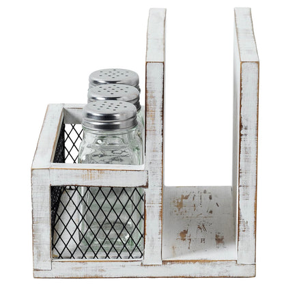 FARM IN Napkin Holder, Farmhouse Multifunctional Napkin Holder with Salt and Pepper Shakers Holder for Home and Commercial Use, Rustic Solid White Washed Wood & Diamond Metal Wire Mesh