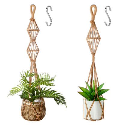 Hourglass Floating Macrame Plant Hangers 2 Pack Handmade Cotton Rope Hanging Planters Basket with S Hooks, Diamond Openwork Boho Home Decor for Indoor Outdoor, Plants Holder 35" & 39” (Caramel)