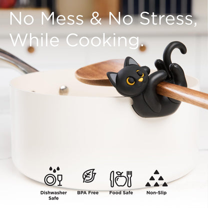 Black Cat Spoon Rest for Stove Top – Silicone Pot Clip Utensil Holder & Lid Lifter – Funny Kitchen Gadget, Unique Witchy Cat Gifts for Women & Halloween – 3" x 2.5"