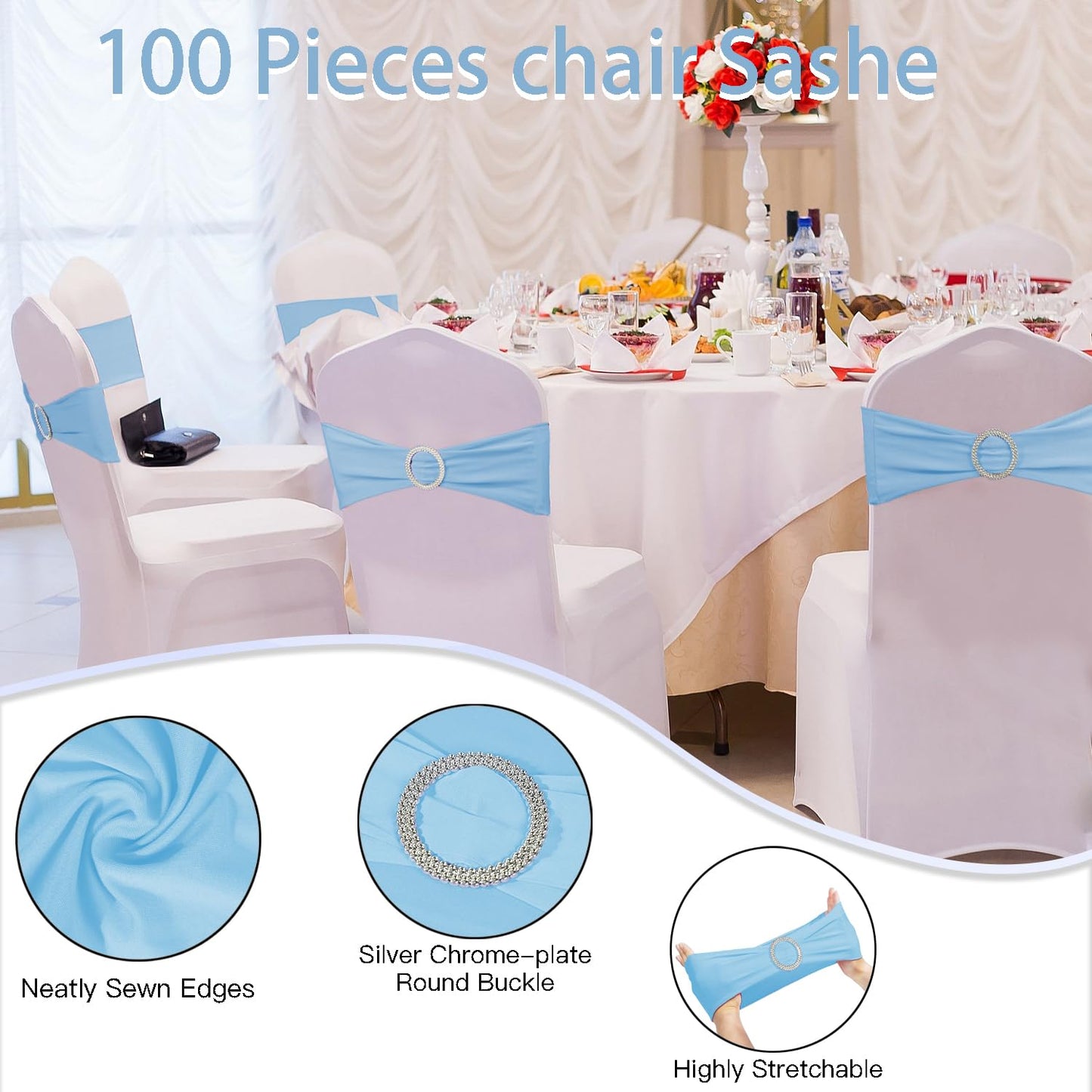 WJWHQ 100PCS Spandex Stretch Chair Sashes Bows Elastic Chair Cover Bands Ties with Buckle Slider for Wedding Party Reception Events Universal Ceremony Banquet Decorations(Baby Blue)