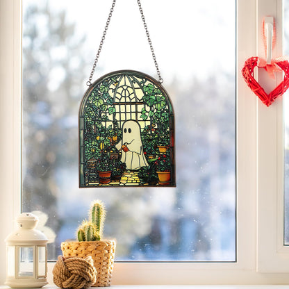 Colingmill Ghost Plant Suncatcher Cute Ghost Greenhouse Suncatcher Ornament Halloween Stained Glass Light Catcher, Halloween Garden Window Family Art Wall Decor, Plant Lovers Gift for Mom