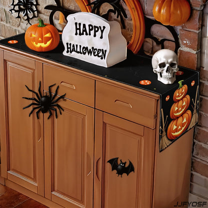 JJFYOSF Halloween Table Runner - Stacked Jack-O’-Lantern Pumpkins with Witch Broom Design, Spooky Pumpkin Dining Table Decoration for Halloween Party & Home Décor 13x72 Inch (Pumpkin & Broom)