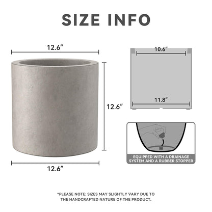 Kante 12.6" Dia Round Concrete Planter, Modern Style Large Cylindrical Plant Pot with Drainage Hole and Rubber Plug for Indoor Outdoor Patio, Weathered Concrete