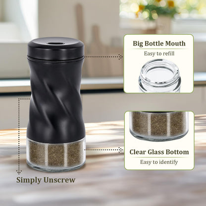 Farmhouse Salt and Pepper Shakers with Adjustable Pour Holes, Refillable Glass Salt Shaker with Stainless Steel Lids by NEODACO, Ideal for Himalayan, Kosher, and Black Pepper (Black & White)