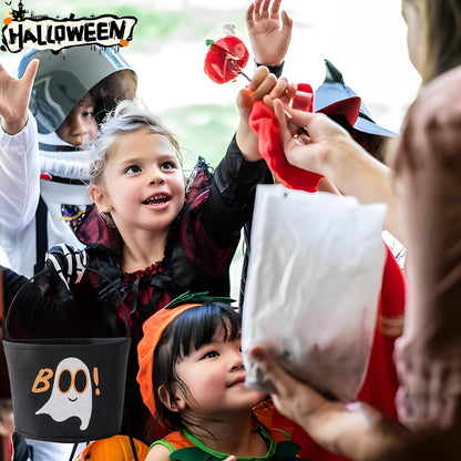 Halloween Bucket Halloween Basket for Kids, Trick or Treat Bags with Embroidery Foldable Candy Buckets Pumpkin Bucket Candies Basket with Handle for Party Decorations, (Black)