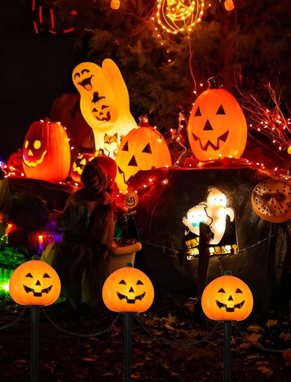 4 Pack Halloween Pumpkin Pathway Marker Lights with C7 Clear Bulbs, 7Ft Pumpkin Night Light with 4 Stakes, Extendable Waterproof Pathway Decor for Yard Porch Lawn Pathway Garden Chirstmas
