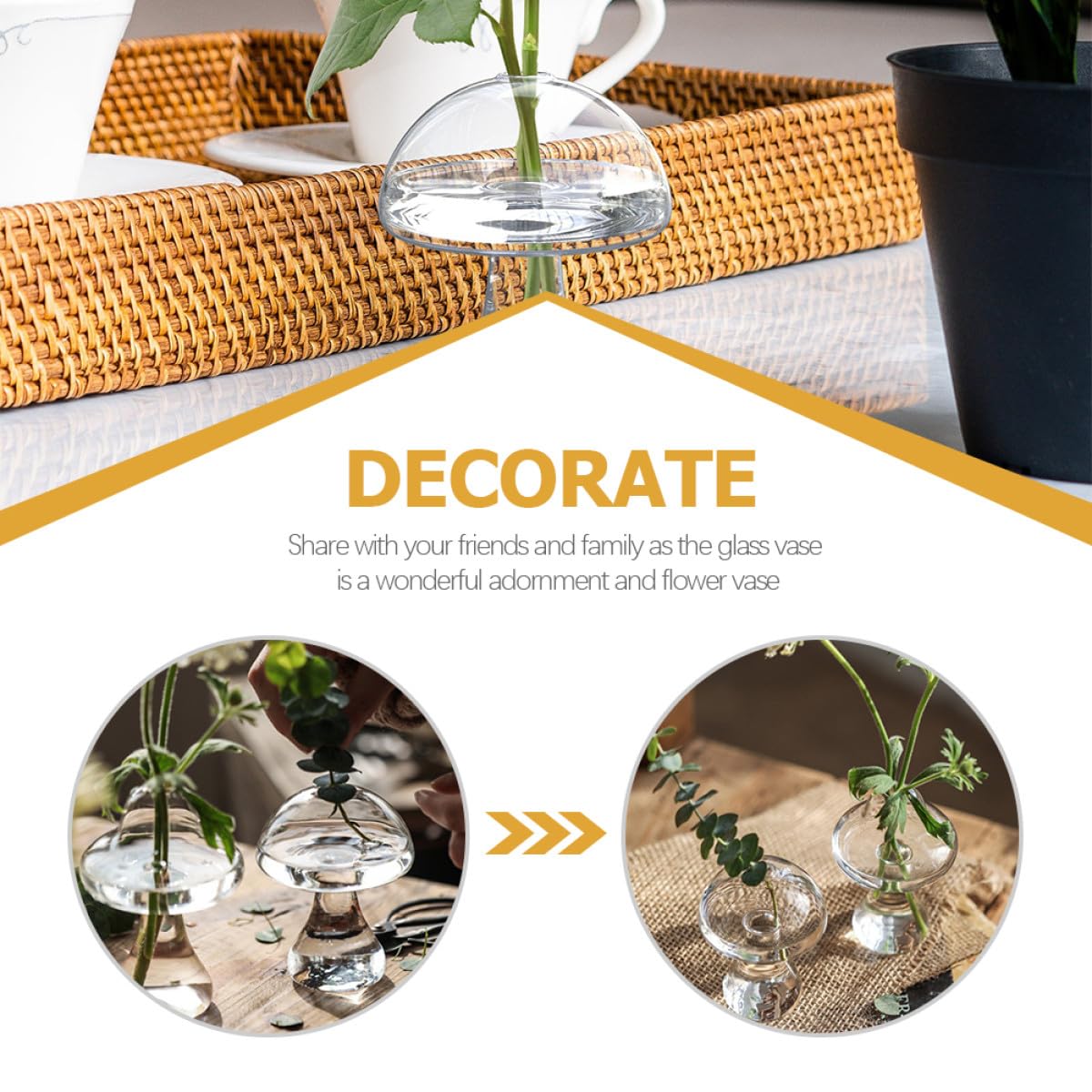NUSITOU 2pcs Glass Mushroom-Shaped Hydroponic Flower Vases Decorative Desktop Home Office Plant Holders for Terrarium and Floral Arrangement