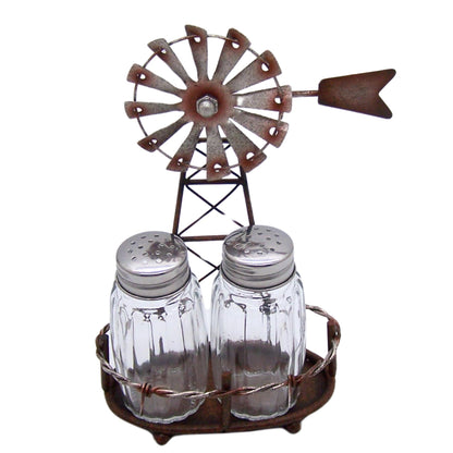 Windmill Salt and Pepper Set Holder, Unique Rustic Décor, Shakers Included, 6.5 Inches