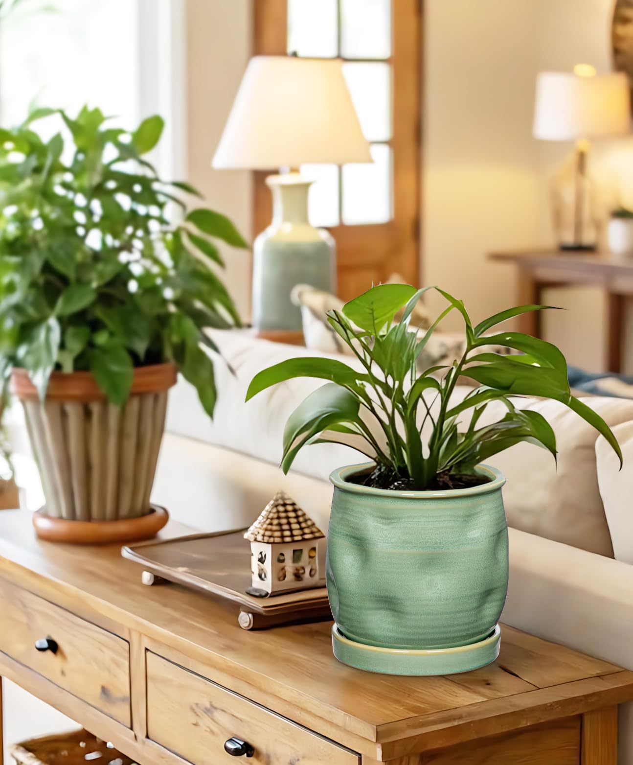 5.7 inch Ceramic Pots for Plants, Plant Pot with Drainage Hole and Saucer Sage Green Ceramic Indoor Planter with Tray Decorative Flower Pots for Succulent, Cactus, Snake Plant, Herb Indoor Outdoor