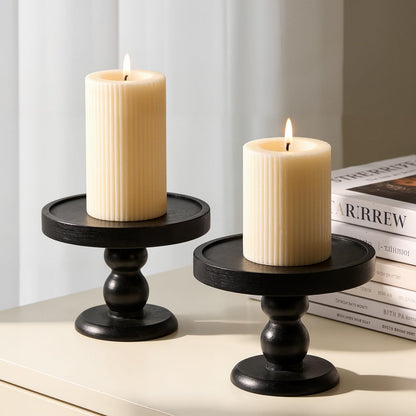 Yleuuiry Black Wood Candle Holder Tray Set of 2 – Rustic Farmhouse Pillar Candle Holders for Fireplace Mantel, Dining Table Centerpiece Decor